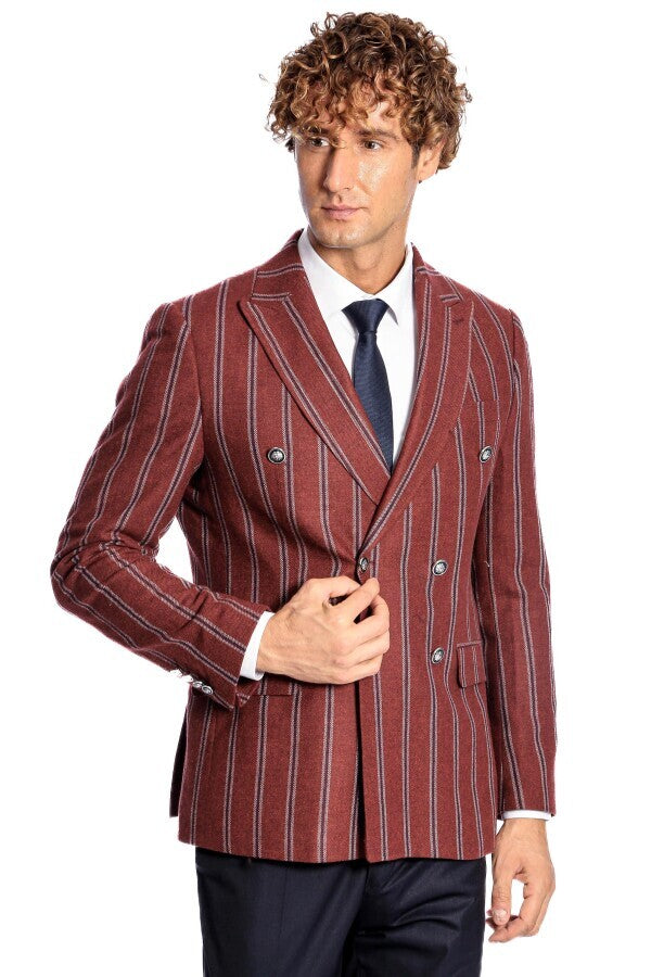 Wide Lapel Striped Double Breasted Burgundy Men Blazer - Wessi
