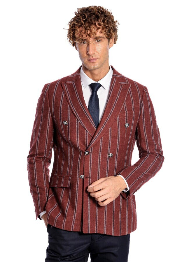 Wide Lapel Striped Double Breasted Burgundy Men Blazer - Wessi