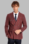 Wide Lapel Striped Double Breasted Burgundy Men Blazer - Wessi