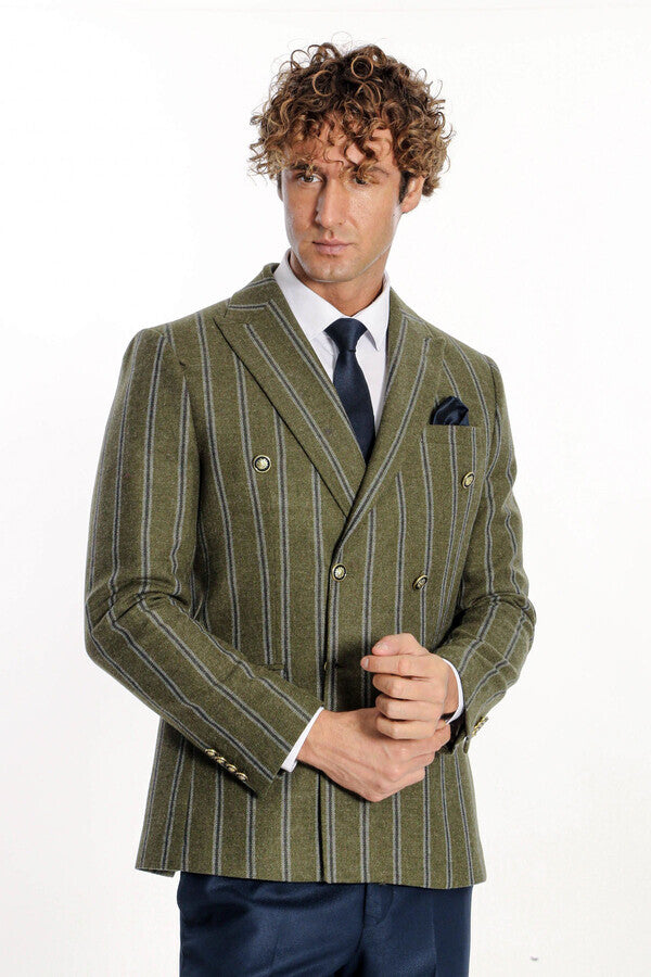 Wide Lapel Striped Double Breasted Green Men Blazer - Wessi