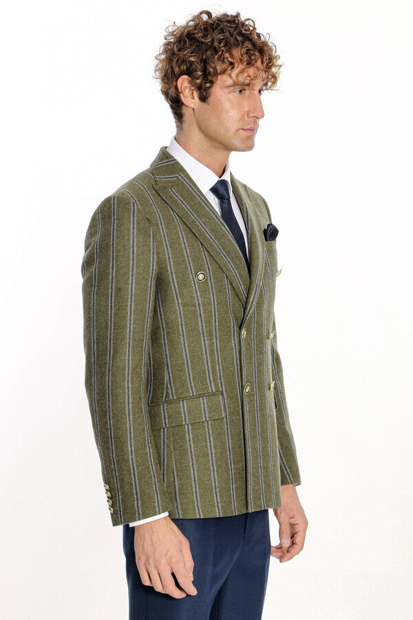 Wide Lapel Striped Double Breasted Green Men Blazer - Wessi