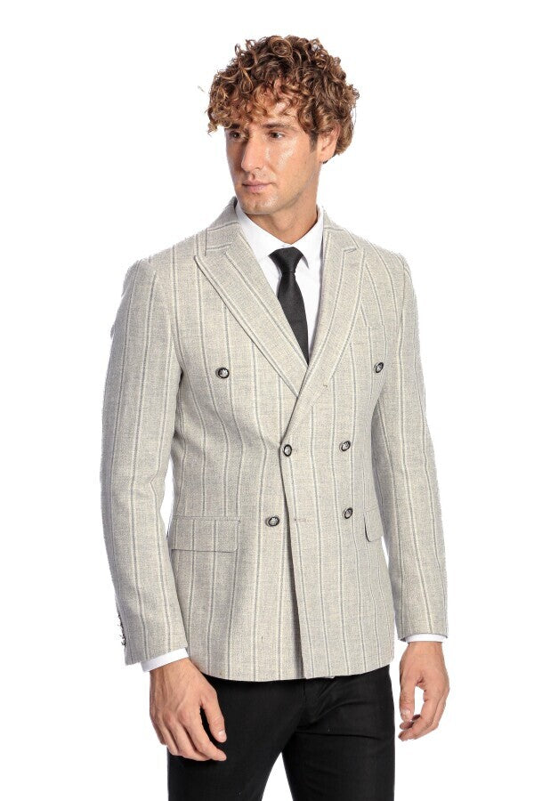 Wide Lapel Striped Double Breasted Grey Men Blazer - Wessi