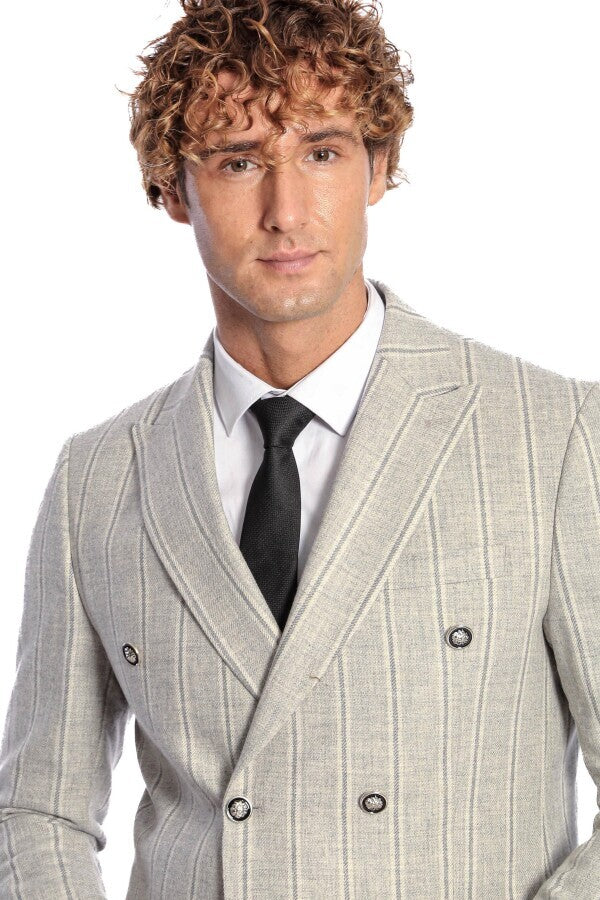 Wide Lapel Striped Double Breasted Grey Men Blazer - Wessi