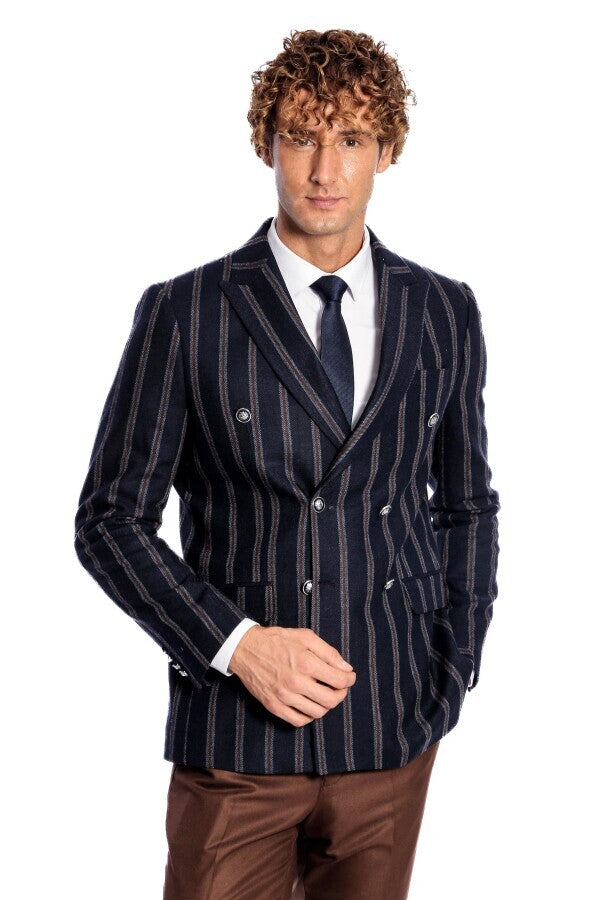 Wide Lapel Striped Double Breasted Navy Blue Men Blazer - Wessi