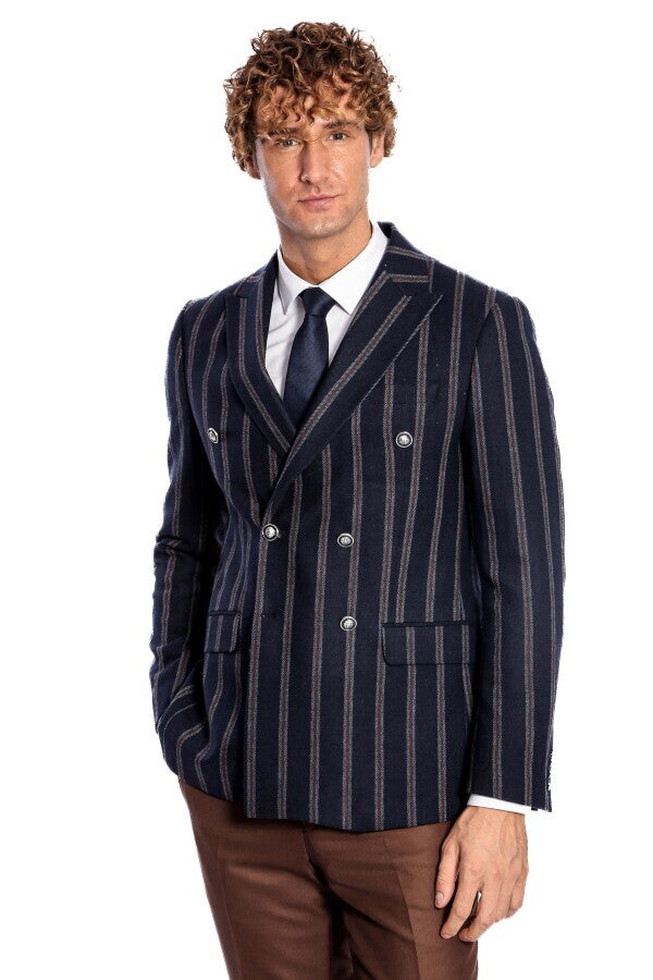Wide Lapel Striped Double Breasted Navy Blue Men Blazer - Wessi