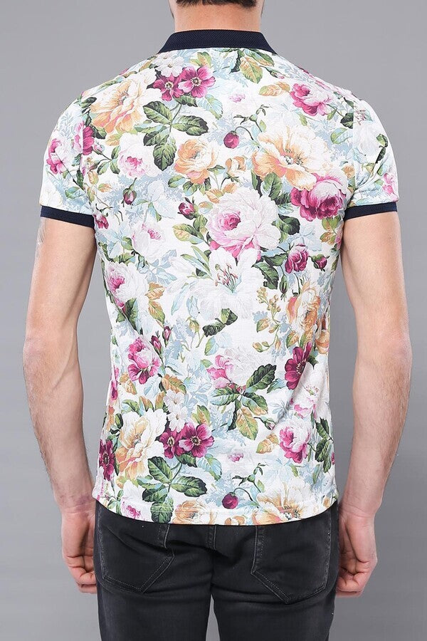 Polo Neck Floral Pattern Green T-Shirt - Wessi