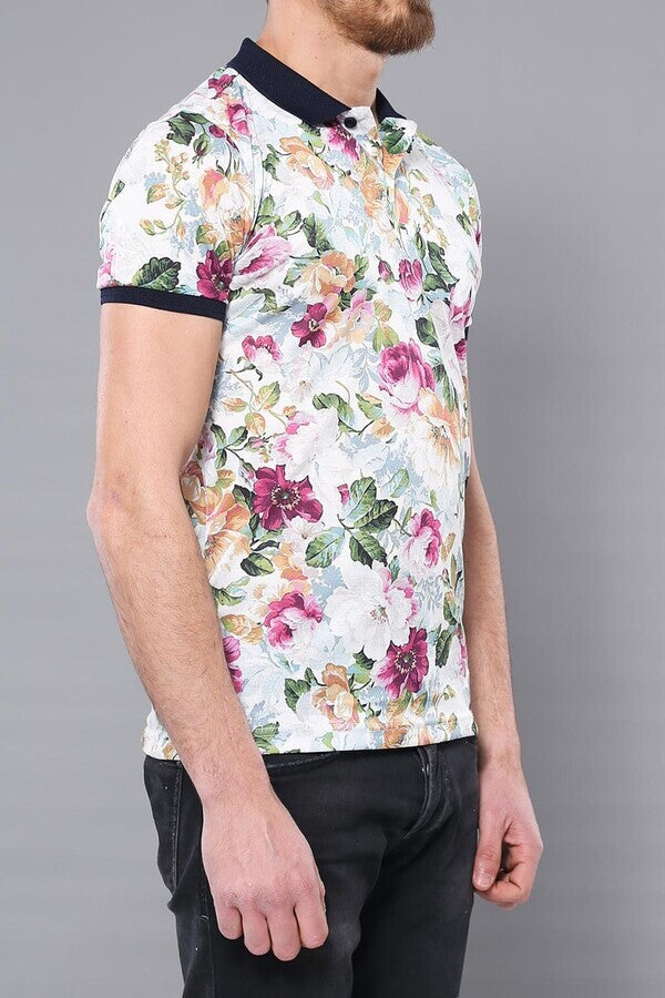 Polo Neck Floral Pattern Green T-Shirt - Wessi