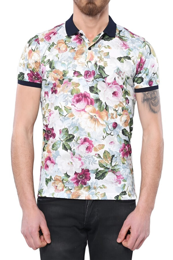Polo Neck Floral Pattern Green T-Shirt - Wessi
