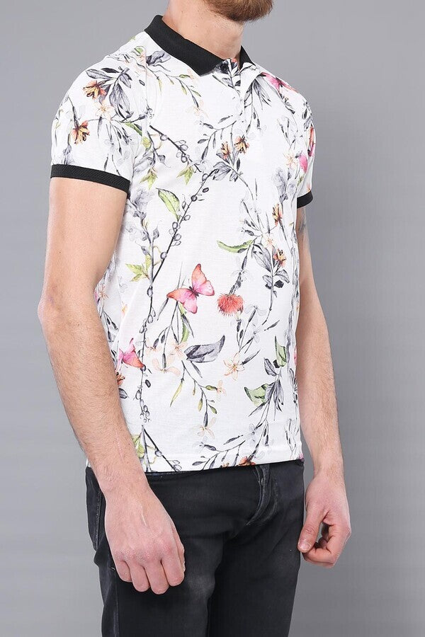 Polo Neck Floral Pattern Yellow T-Shirt - Wessi