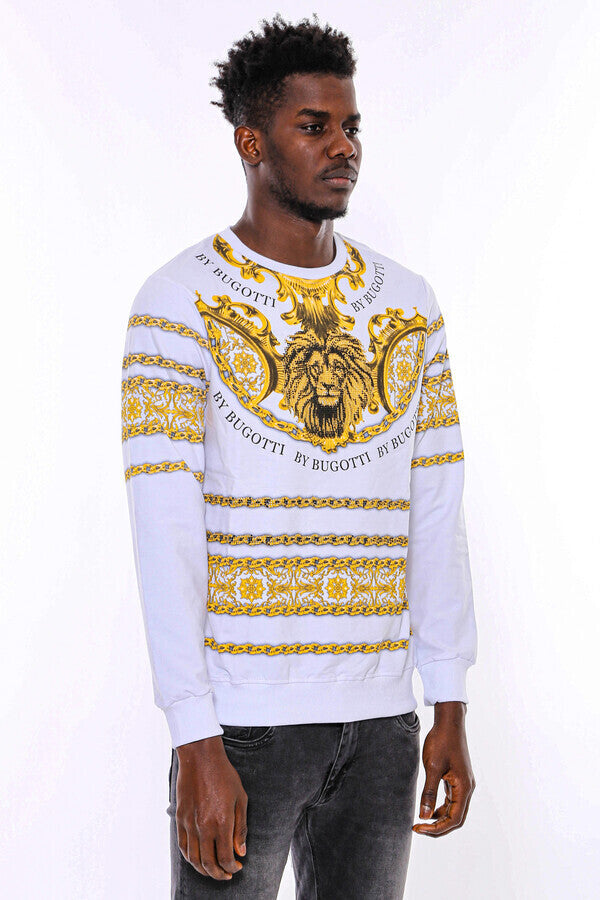 Yellow Lion Patterned Slim Fit White Sweatshirt - Wessi