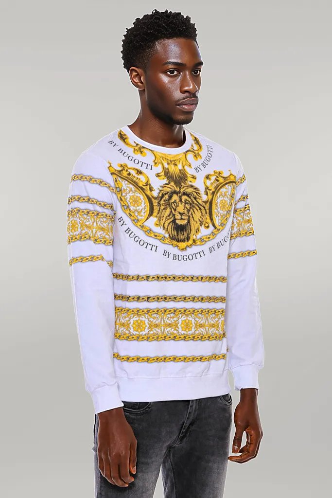 Yellow Lion Patterned Slim Fit White Sweatshirt - Wessi