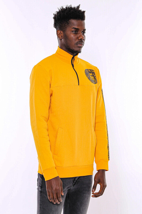 Yellow Mandarin Collar Patterned Sweatshirt - Wessi