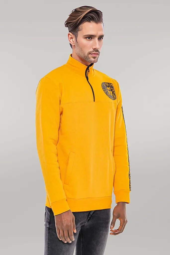 Yellow Mandarin Collar Patterned Sweatshirt - Wessi