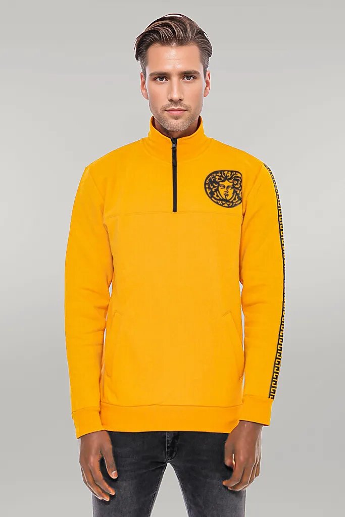 Yellow Mandarin Collar Patterned Sweatshirt - Wessi